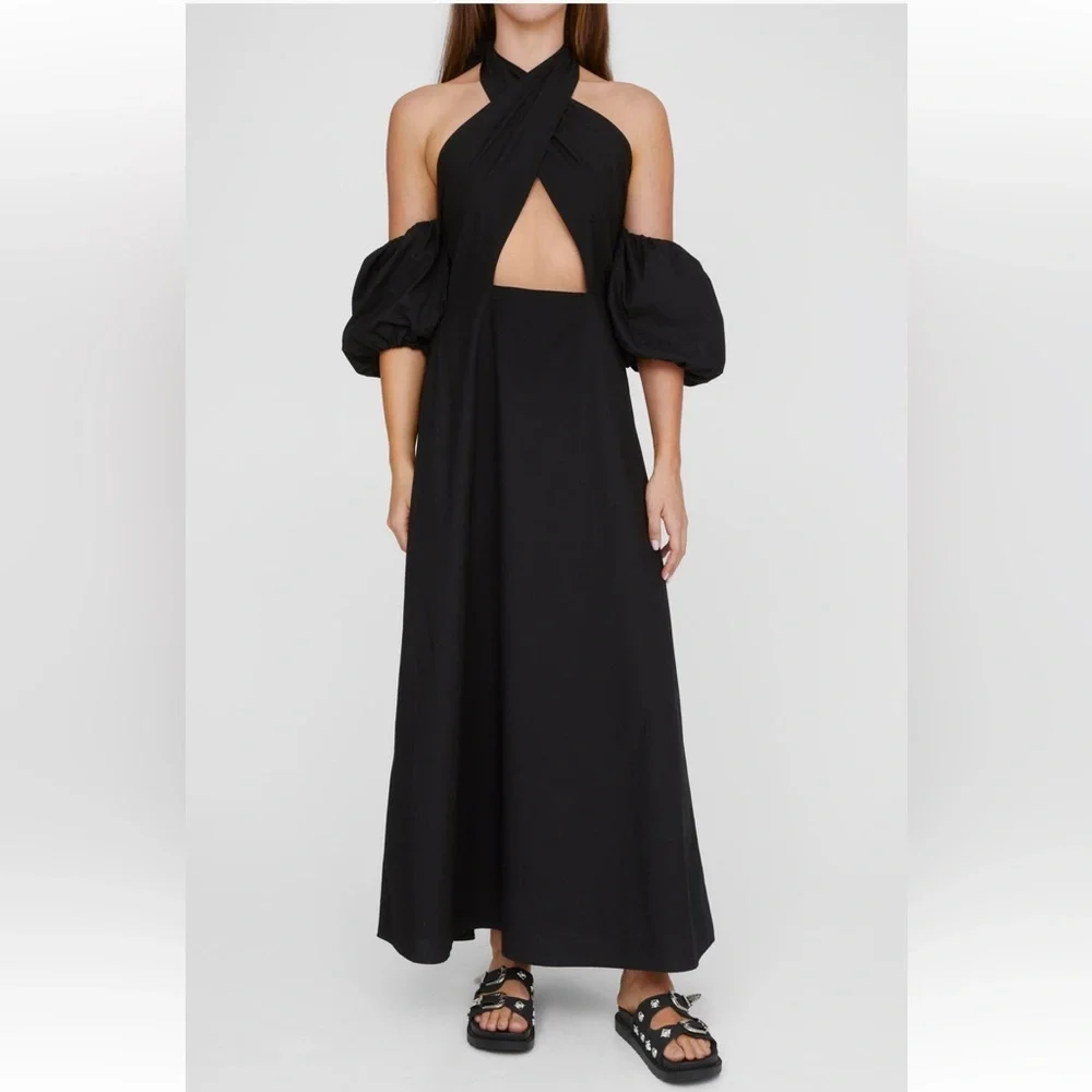 Nasty Gal Womens Halter Cut Out Puff Sleeve Maxi Dress - Black
